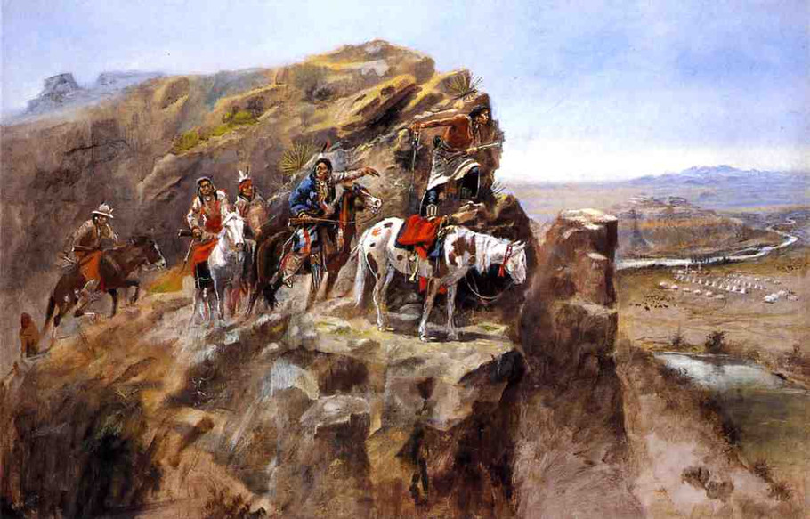 Indians on a Bluff Surveying General Miles Troops - Charles Marion Russell Paintings